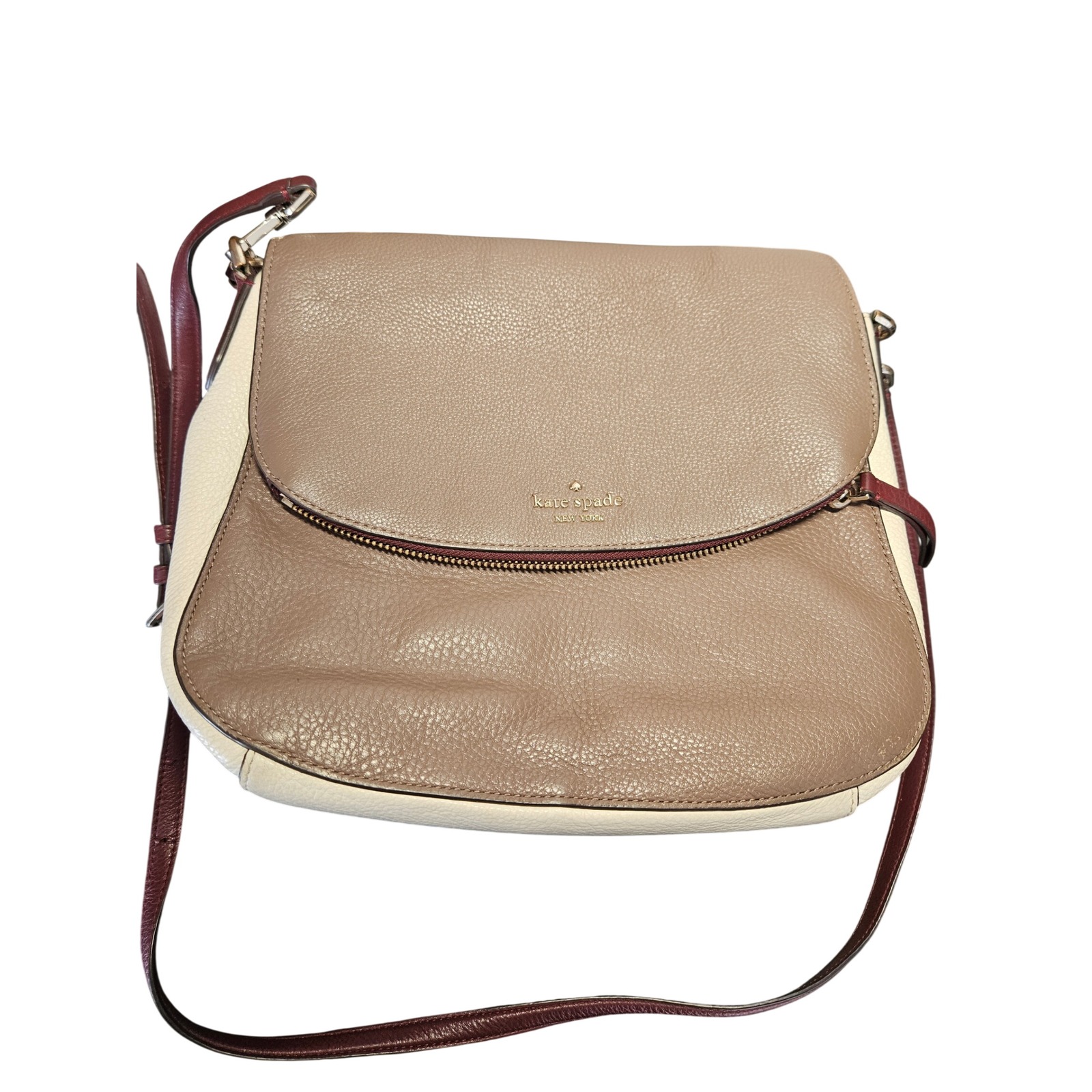 Kate Spade New York Pebbled Leather Crossbody Bag Taupe Cream Burgundy Tri-Color
